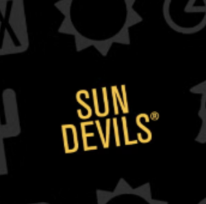 Graphic design featuring the words 'SUN DEVILS®' in bold, yellow capital letters against a black background. Faint icons, including sun shapes and other symbols, are subtly visible in the background.